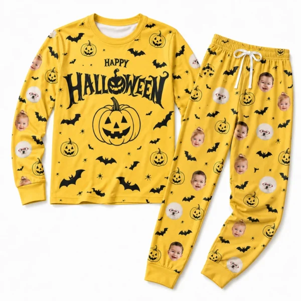 customized portrait photos yellow cuffed pajama set with halloween print