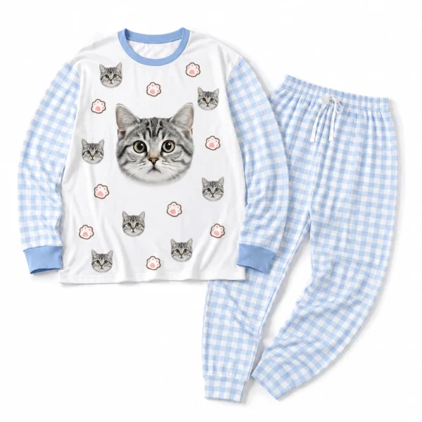 cutomized cat face cuffed pajama set with white blue gingham check