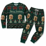 cutomized dog face cuffed pajama set with green fair isle