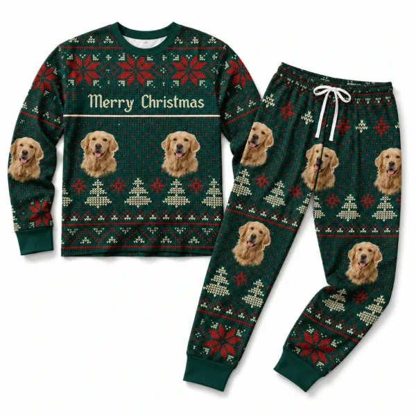cutomized dog face cuffed pajama set with green fair isle