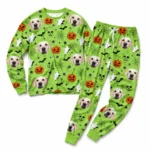cutomized dog face cuffed pajama set with green pumpkin print