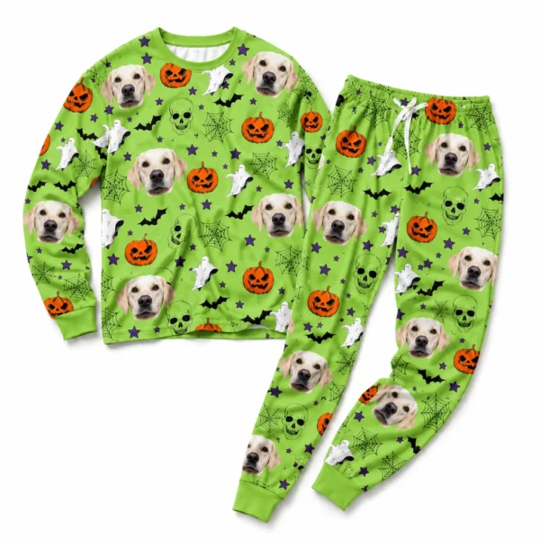 cutomized dog face cuffed pajama set with green pumpkin print