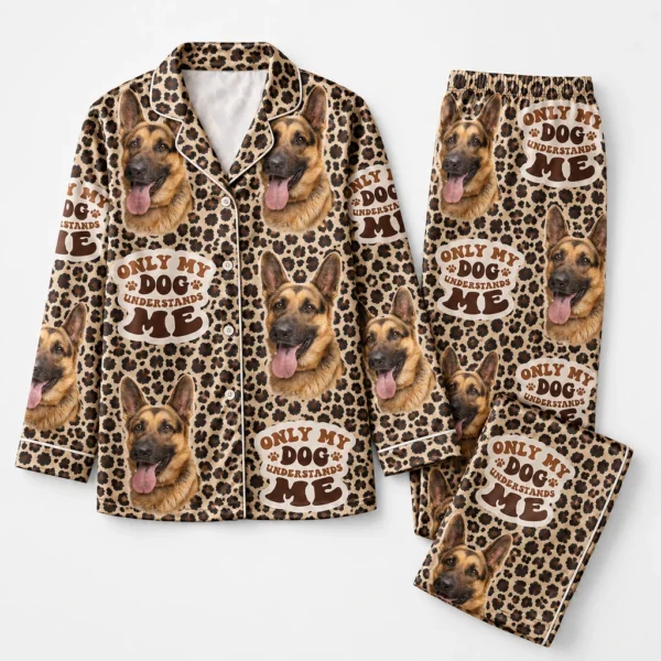 cutomized dog face satin pajama set with brown leopard print
