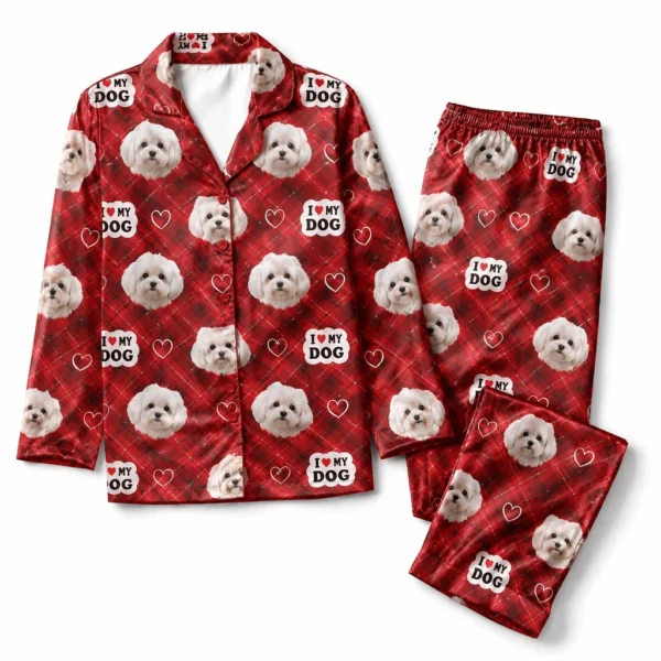 cutomized dog face satin pajama set with red plaid tartan