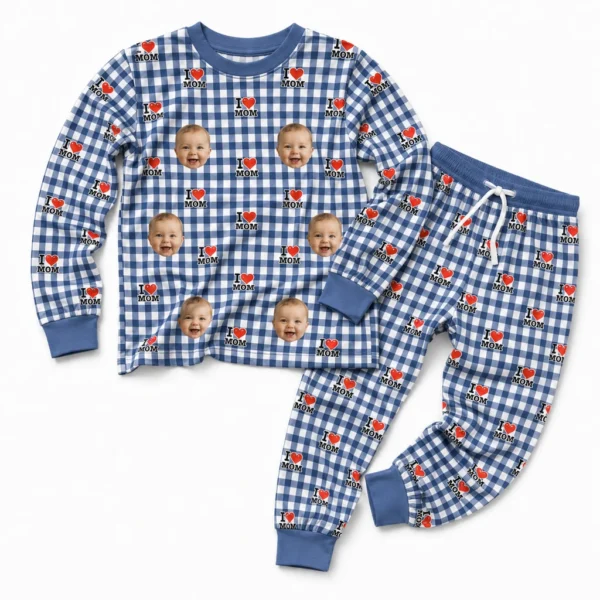 cutomized family photos cuffed pajama set with blue gingham check