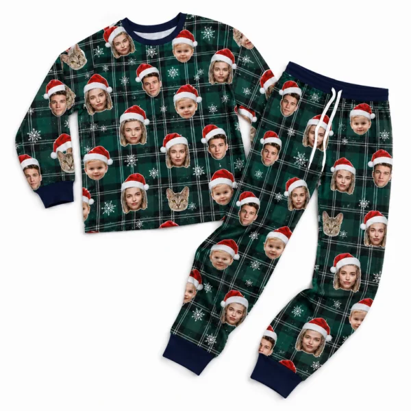 cutomized family photos cuffed pajama set with green tartan plaid