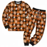 cutomized family photos cuffed pajama set with orange black tartan plaid