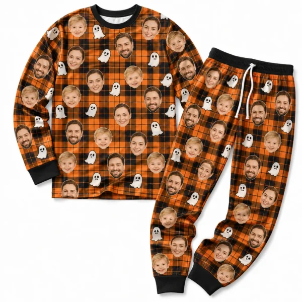 cutomized family photos cuffed pajama set with orange black tartan plaid