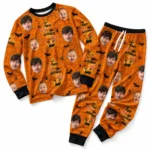cutomized family photos cuffed pajama set with orange spiderweb print