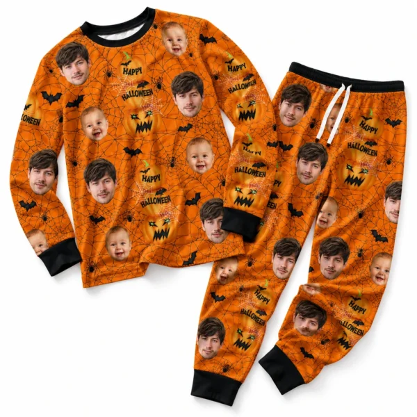 cutomized family photos cuffed pajama set with orange spiderweb print