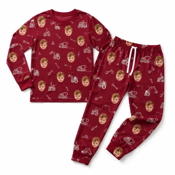 cutomized family photos cuffed pajama set with red construction vehicle