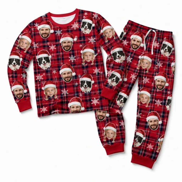 cutomized family photos cuffed pajama set with red tartan plaid