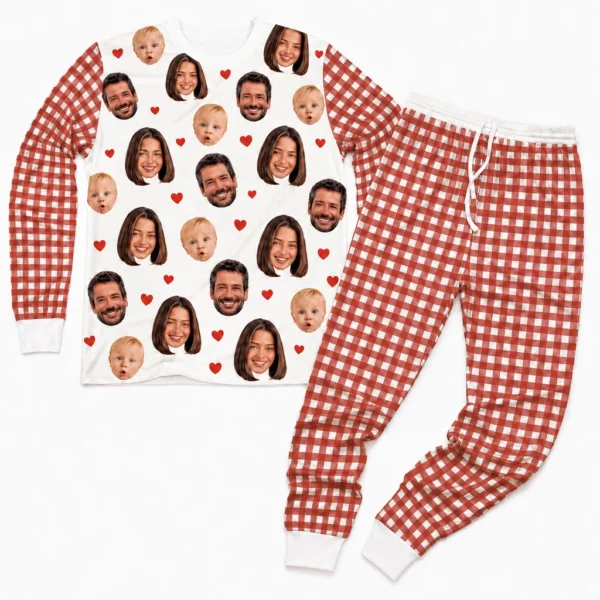 cutomized family photos cuffed pajama set with red white gingham check
