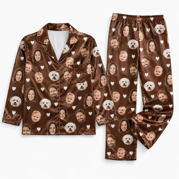 cutomized family photos satin pajama set with brown heart print