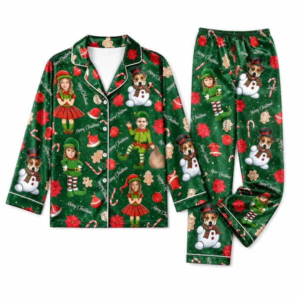 cutomized family photos satin pajama set with green christmas print