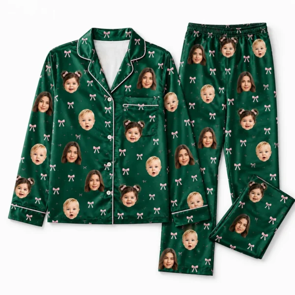 cutomized family photos satin pajama set with green ribbon bow