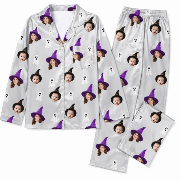 cutomized family photos satin pajama set with grey ghost print