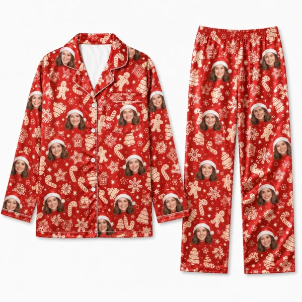 cutomized family photos satin pajama set with red snowflake print
