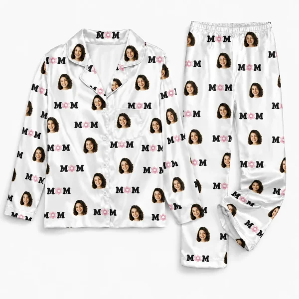 cutomized family photos satin pajama set with white black solid color
