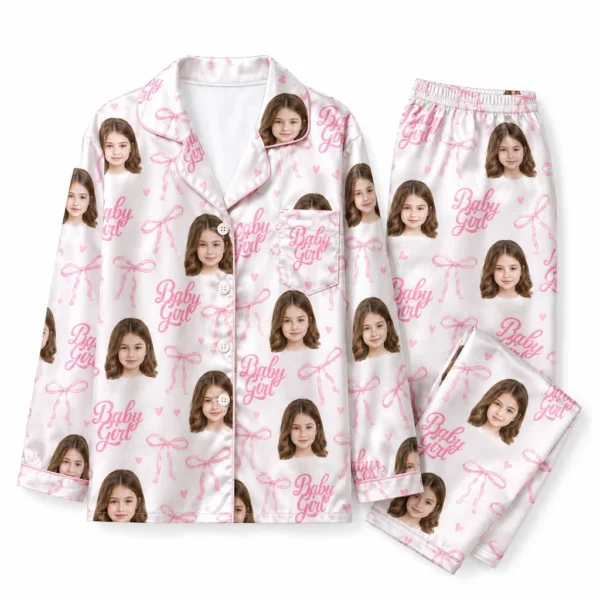 cutomized family photos satin pajama set with white pink ribbon bow