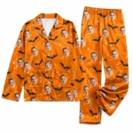cutomized portrait photos satin pajama set with orange bat print