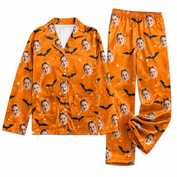 cutomized portrait photos satin pajama set with orange bat print