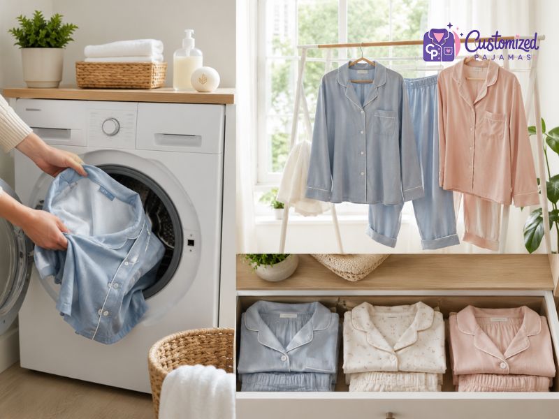 how-many-pajamas-should-i-own-how-many-pairs-of pajamas-should-i-bring-on-vacation-1 Blue and pink customized pajamas: washed in a machine, hanging on a rack, and folded in a drawer, showcasing care and organization.