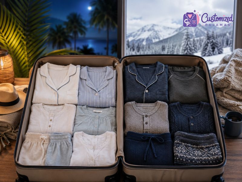 how-many-pajamas-should-i-own-how-many-pairs-of pajamas-should-i-bring-on-vacation-3 An open suitcase neatly packed with various folded men's and women's pajamas, pajama sets, and knitwear, showcasing contrasting warm (beach) and cold (mountain) travel destinations in the background.