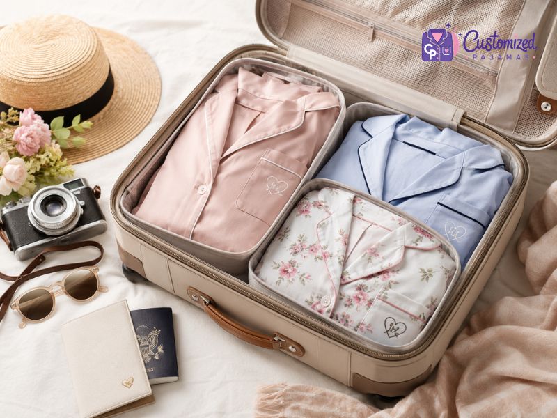 how-many-pajamas-should-i-own-how-many-pairs-of pajamas-should-i-bring-on-vacation-4 Customized pajama sets packed in travel organizers inside a vintage-style suitcase for a getaway.