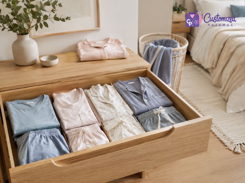 how-many-pajamas-should-i-own-how-many-pairs-of pajamas-should-i-bring-on-vacation-5 A neatly organized dresser drawer, featuring various folded personalized pajama sets in blue, pink, and ivory.