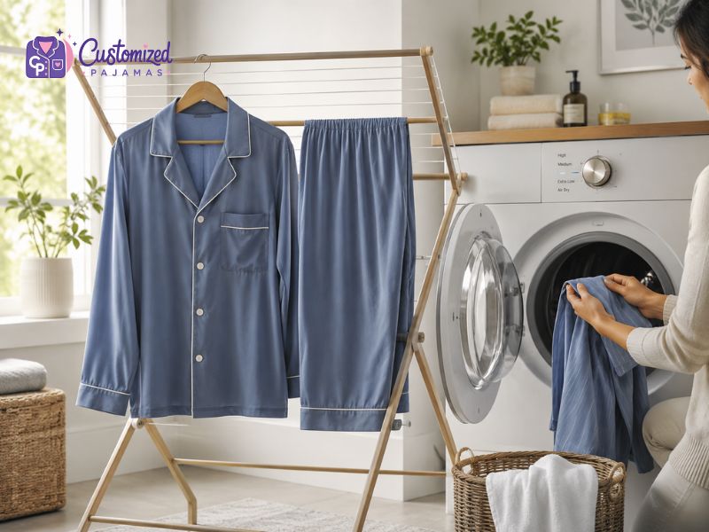 A blue long-sleeve pajama set hanging on a wooden drying rack.