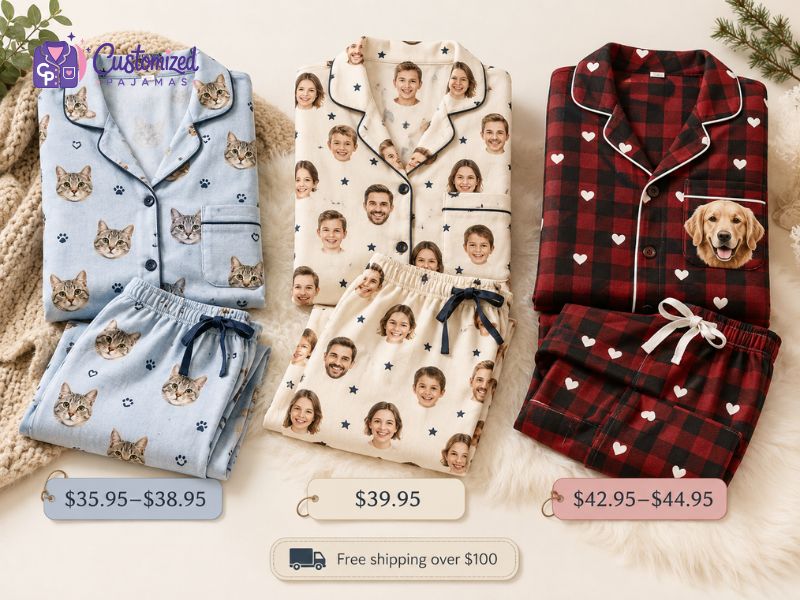 Three sets of customized pajamas featuring personalized prints with cat faces, human family photos, and a dog face on buffalo plaid pattern.