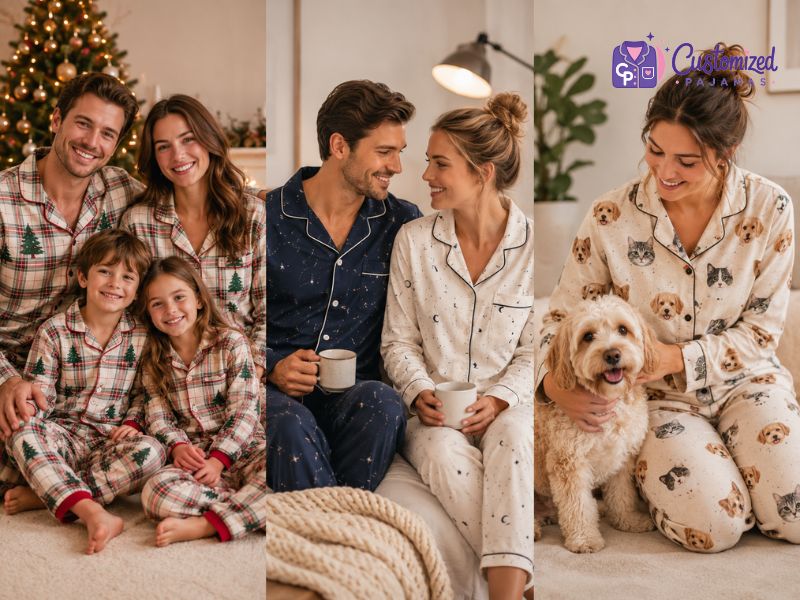 Custom family pajamas for Christmas, featuring a family in matching plaid pajamas, a couple in star-patterned sleepwear, and a person with personalized pet print pajamas featuring a dog and cat.