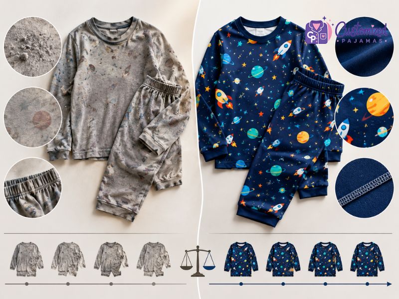Side-by-side comparison of low quality pilling kids pajamas versus high quality customized navy blue space-themed rocket and planet pajamas.