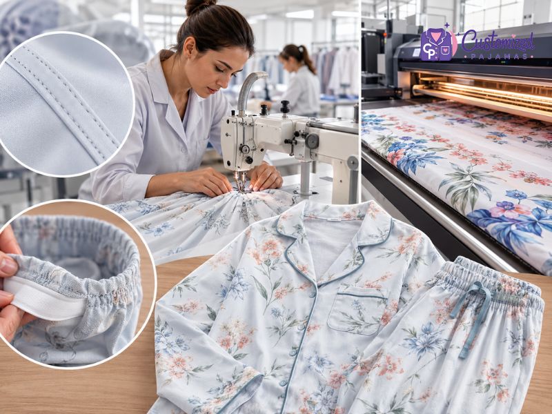 Custom floral pajamas manufacturing process showing a factory seamstress sewing, textile fabric printing machine, and close-ups of premium stitching quality.