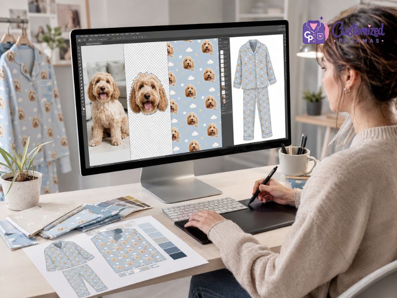 A female designer creates custom dog pajamas on a computer with design software, showing a dog photo being converted into a seamless pattern with puppy faces.