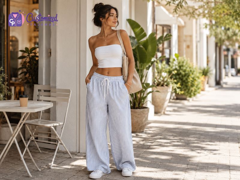 Woman wearing light blue striped wide-leg pants and a white tube top walking on a sunny street.