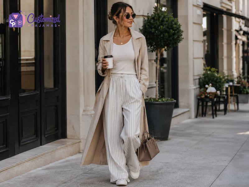 A stylish woman walking on a city sidewalk wearing a beige trench coat, a white top, and striped wide-leg pants while holding a coffee cup.