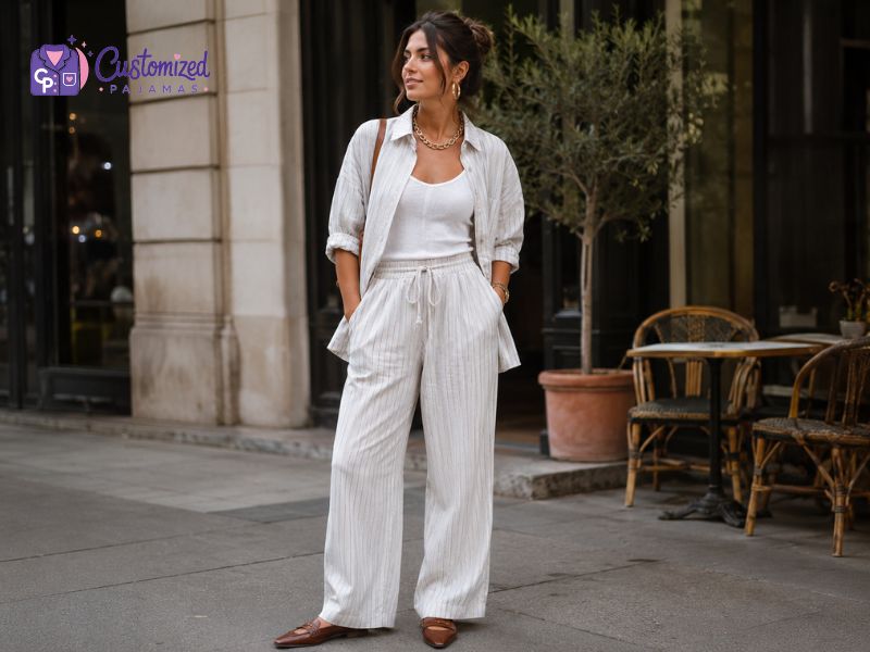 Woman wearing a white striped linen lounge set with wide-leg pants and an oversized button-down shirt on a city street.
