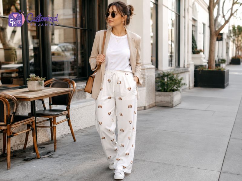 A woman walking on a city sidewalk wearing customized white pajama pants with a dog print, styled with a beige blazer and white t-shirt.