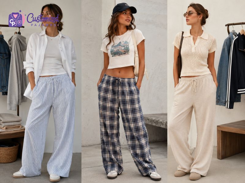Three women modeling casual loungewear including striped, plaid, and knit wide-leg pajama pants paired with crop tops and shirts.