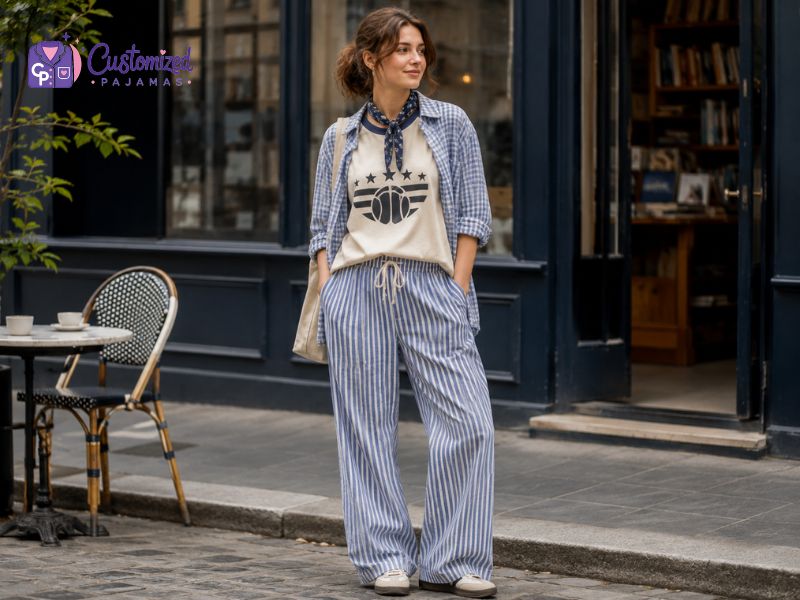 A woman standing outside a cafe wearing a blue and white striped pajama set with a matching button-down shirt and graphic t-shirt.