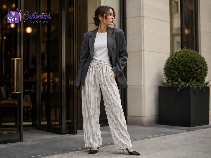 Woman in an oversized grey blazer, white t-shirt, and striped wide-leg pants posing outdoors.