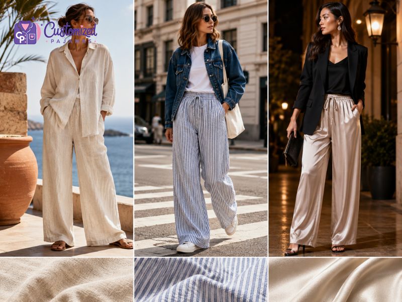 Three women showcasing different wide-leg pants styles: a beige linen set, blue striped trousers with a denim jacket, and elegant champagne satin pants with a black blazer.