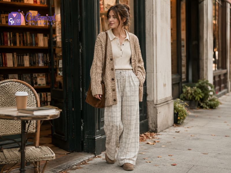 Woman in casual autumn outfit wearing a beige cable knit cardigan and plaid pajama style pants standing outside a bookstore.