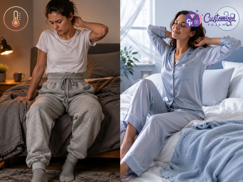 Comparison photo showcasing a tired woman in ill-fitting sleepwear versus a woman experiencing ultimate comfort and relaxation in personalized, light blue silk satin customized pajamas.