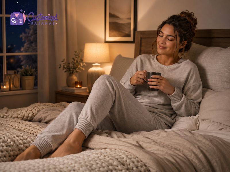 A smiling woman in light-gray loungewear relaxing on a plush bed, holding a dark mug, under warm lamp light.