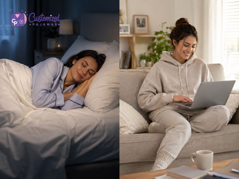 A split screen showing a woman sleeping comfortably in striped pajamas in bed and sitting on a couch wearing a cozy hoodie loungewear set while using a laptop.