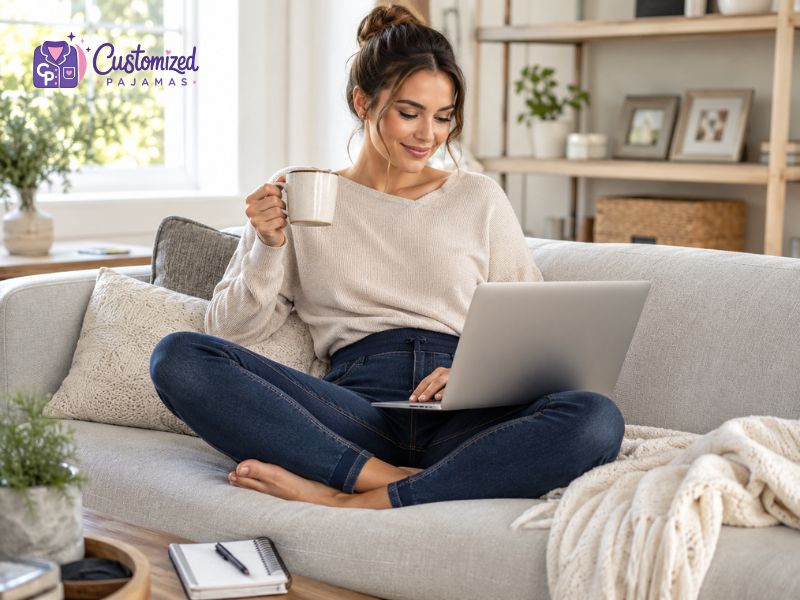 A smiling woman sitting cross-legged on a sofa, wearing comfortable loungewear while holding a mug and using a laptop.