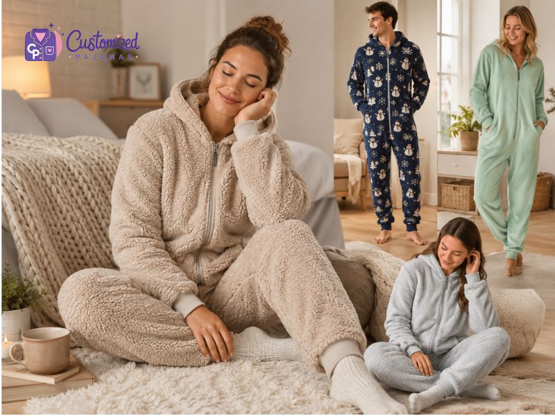 A woman smiling in a cozy beige fleece hooded onesie pajama, with other models wearing matching custom jumpsuits in the background.